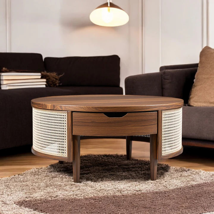 Rattan Elegance Series Solid Wood Round Shape With Rattan Cane Work Coffee Table C109