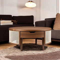 Rattan Elegance Series Solid Wood Round Shape With Rattan Cane Work Coffee Table C109