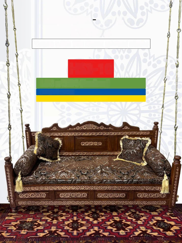 Maharaja Ceiling Hanging Indian Hand Carved Wooden 3 Seater Swing