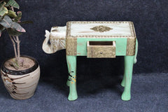 Vintage Hand Carved Elephant Solid Wood & Brass Work Side Table 47