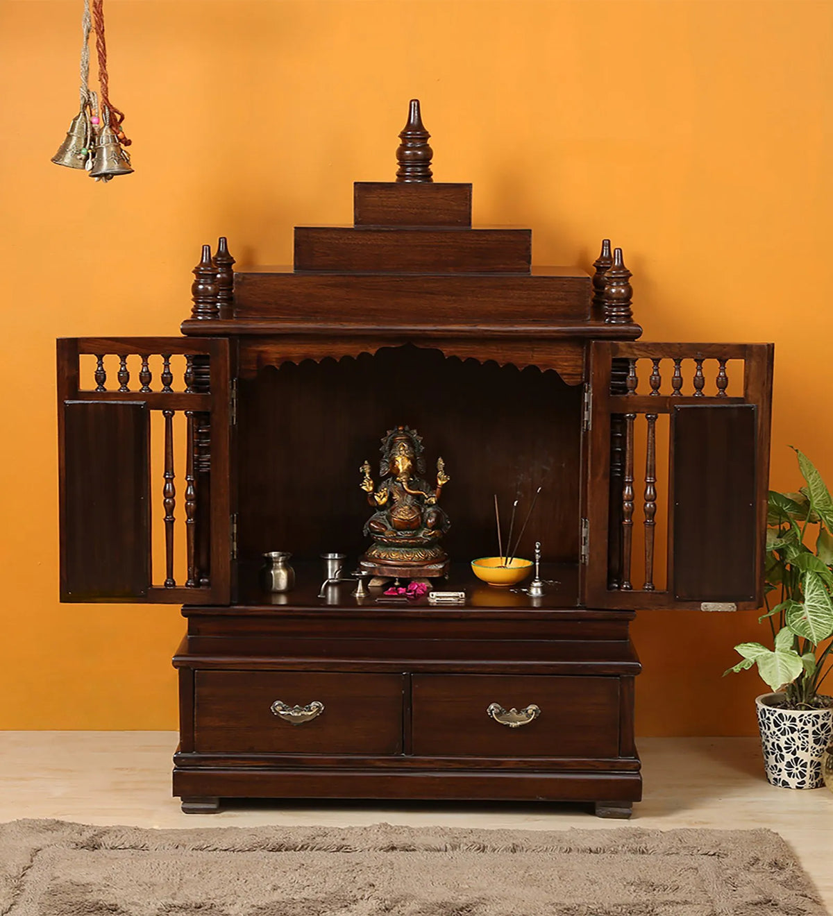 Medium Sized Handmade Sheesham Wood Home Temple In Brown