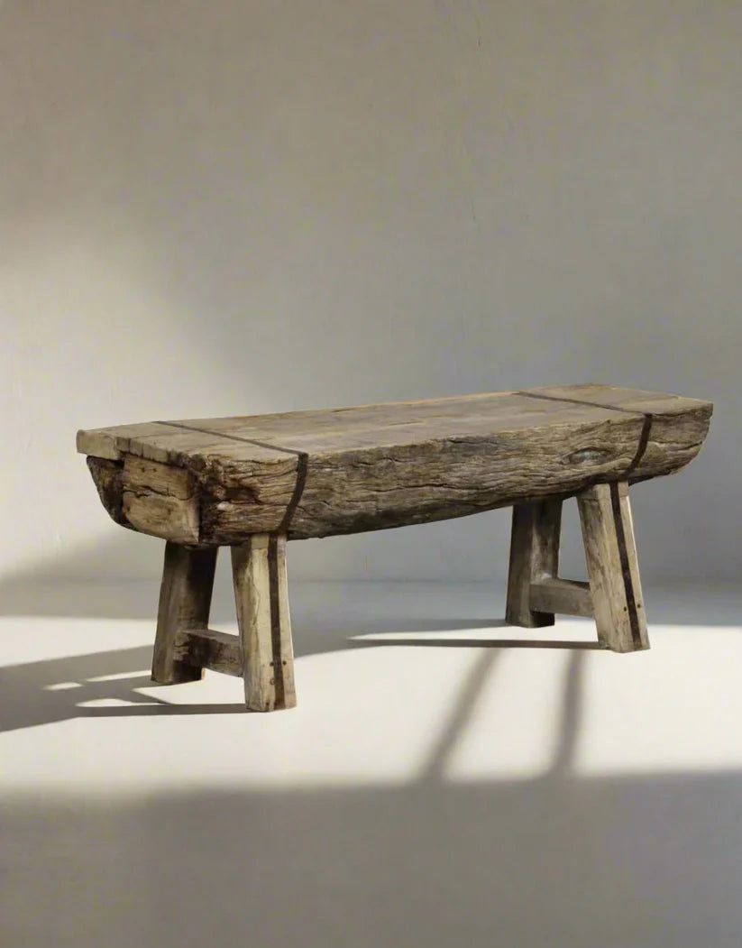 Indian Hand Carved Reclaimed Wood Bench B6