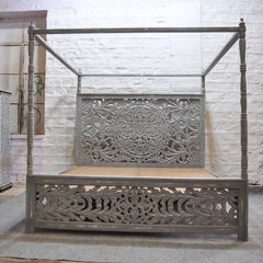 Dynasty Hand Carved Indian Wooden 4 Post Bed Frame Grey