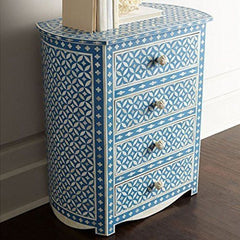 Maaya Bone inlay Blue Floral Chest of 4 Drawers Tallboy Bedside Table