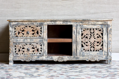 Indian Hand Jali Floral Carved Solid Wooden Glass Doors Entertainment TV Unit Plasma Solid Whitewash 120×45×51cm