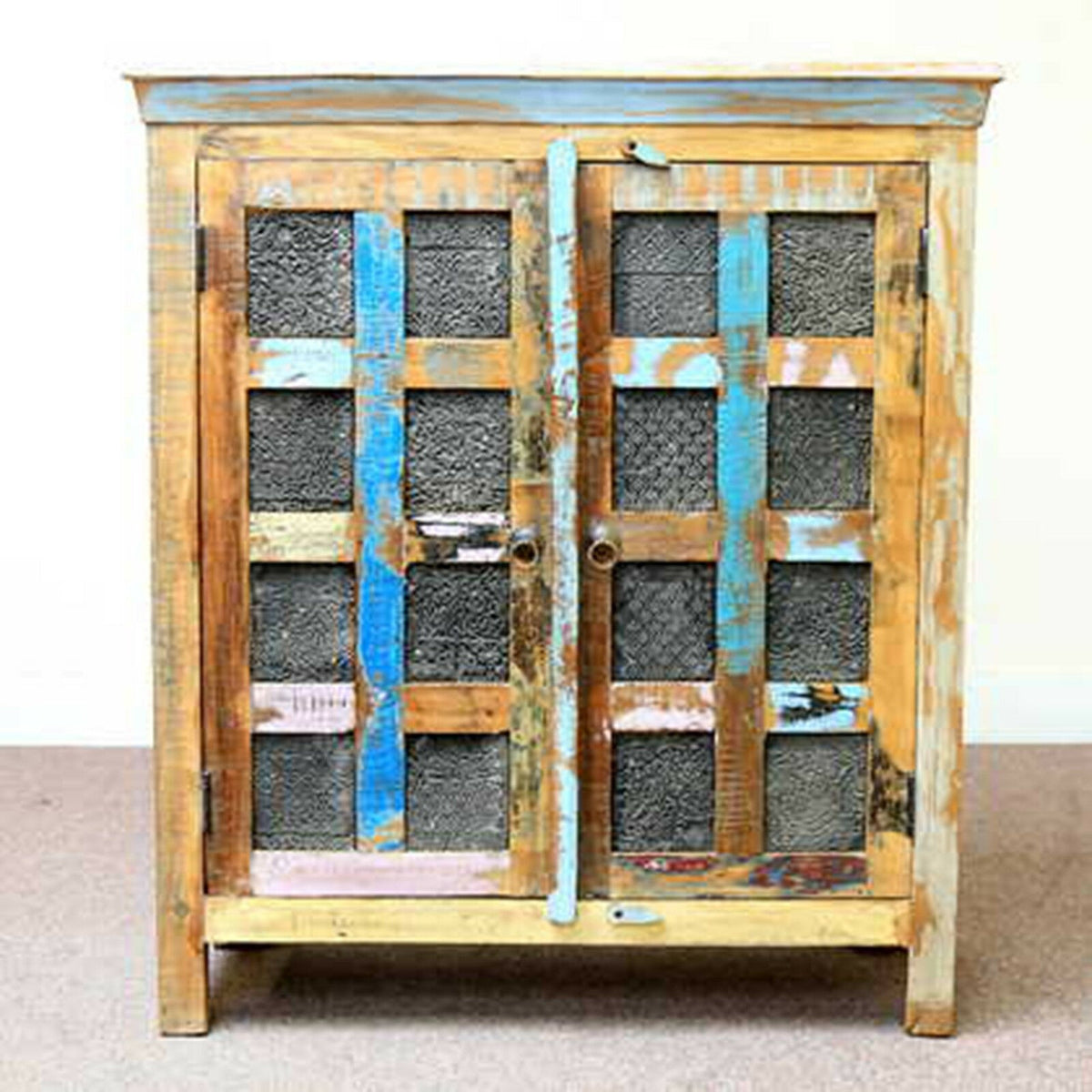 Reclaimed Timber Carved Block Print Sideboard Brown