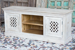 Indian Hand Jali Carved Solid Wooden Entertainment TV Unit Plasma Whitewash 163×43×66cm