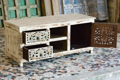 Indian Hand Jali Floral Carved Solid Wooden Entertainment TV Unit Plasma Whitewash 120×45×51cm