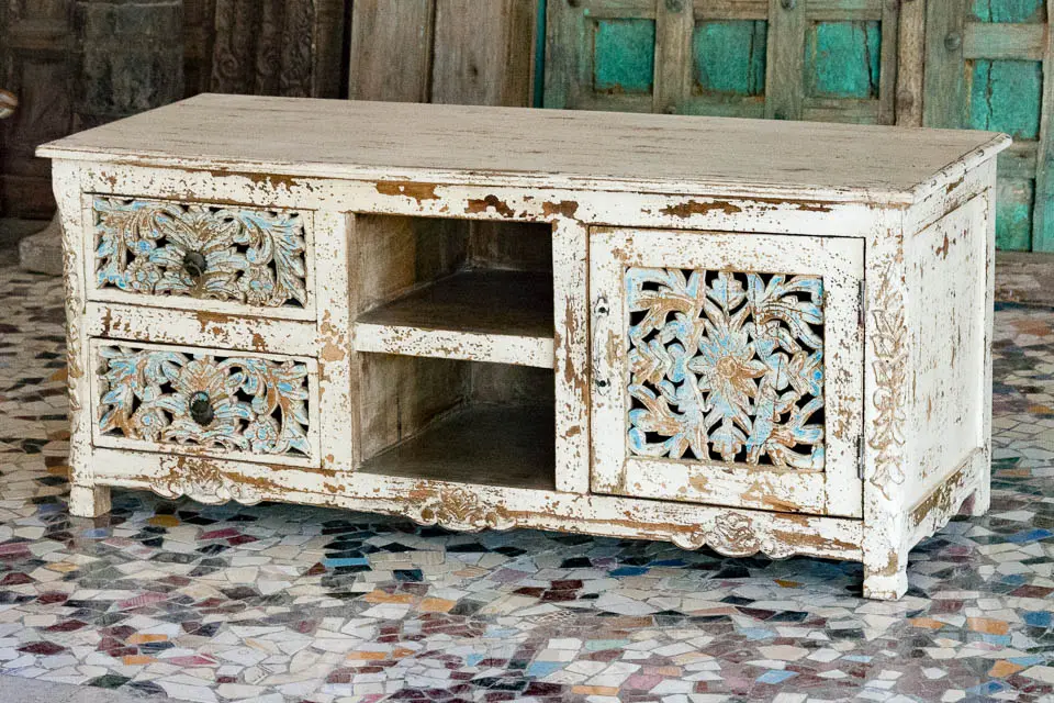 Indian Hand Jali Floral Carved Solid Wooden Entertainment TV Unit Plasma Whitewash 120×45×51cm