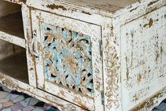 Indian Hand Jali Floral Carved Solid Wooden Entertainment TV Unit Plasma Whitewash 120×45×51cm