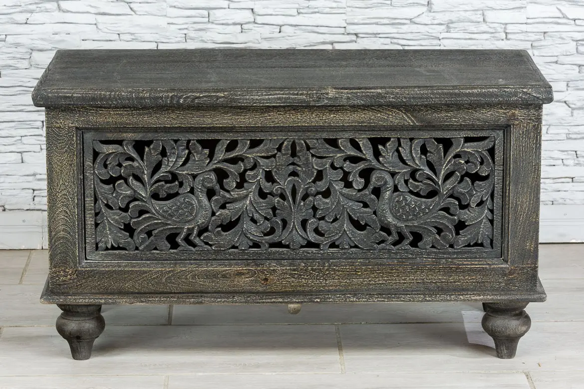 Indian Hand Jali Floral Carved Solid Wooden Chest Blanket Box Storage Solid Blackwash 88×43×50cm