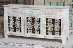 Antique Indian Industrial Hand Lava Solid Wooden Sideboard Whitewash 167x40x88cm A0342