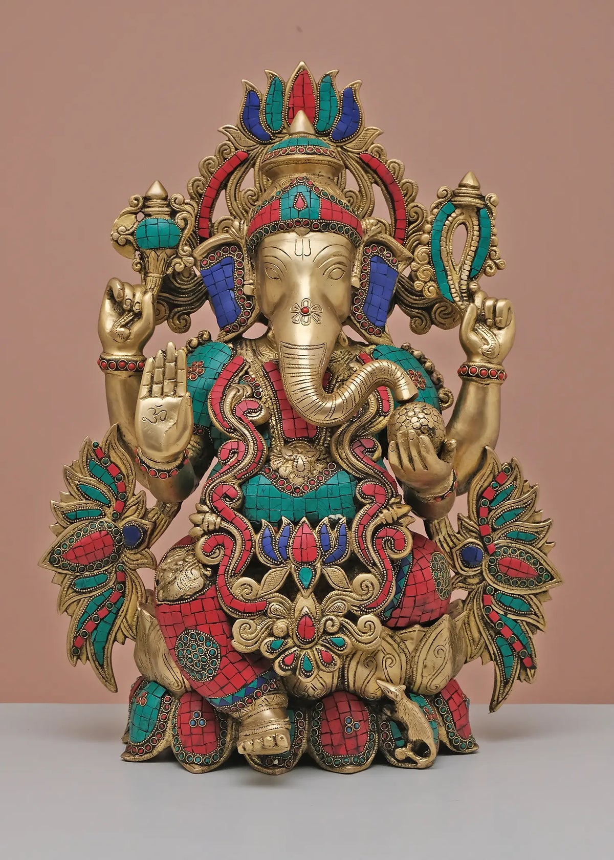 Indian Lord Ganesha Handmade Brass Statue With Inlay Work