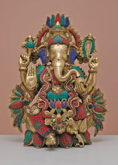 Indian Lord Ganesha Handmade Brass Statue With Inlay Work