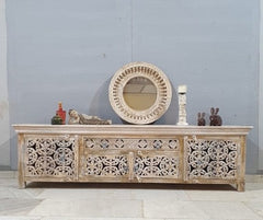 Hand Carved Indian Solid Wood TV Unit Jali doors with shelves 200x40x55cm