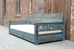 Mughal Garden Hand Carved Rustic Floral Daybed Blue