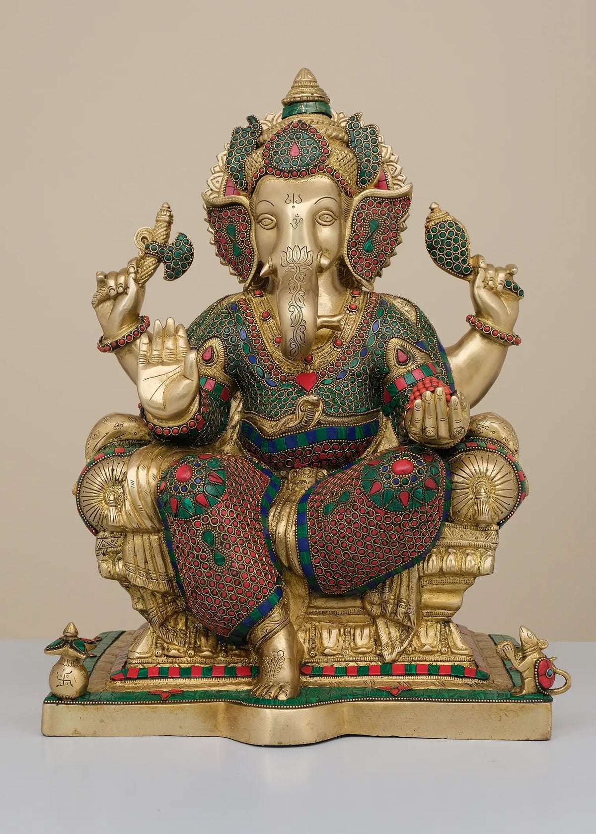 Indian Lord Ganesha Handmade Brass Statue With Inlay Work