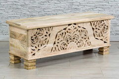 Indian Hand Jali Floral Carved Solid Wooden Chest Blanket Box Storage Solid Natural 118×40×45cm