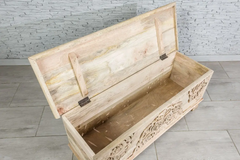 Indian Hand Jali Floral Carved Solid Wooden Chest Blanket Box Storage Solid Natural 118×40×45cm