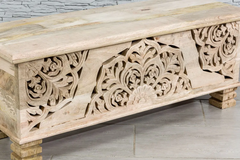 Indian Hand Jali Floral Carved Solid Wooden Chest Blanket Box Storage Solid Natural 118×40×45cm