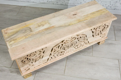 Indian Hand Jali Floral Carved Solid Wooden Chest Blanket Box Storage Solid Natural 118×40×45cm