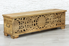 Indian Hand Floral Carved Solid Wooden Chest Blanket Box Storage Solid Natural 150×40×44cm