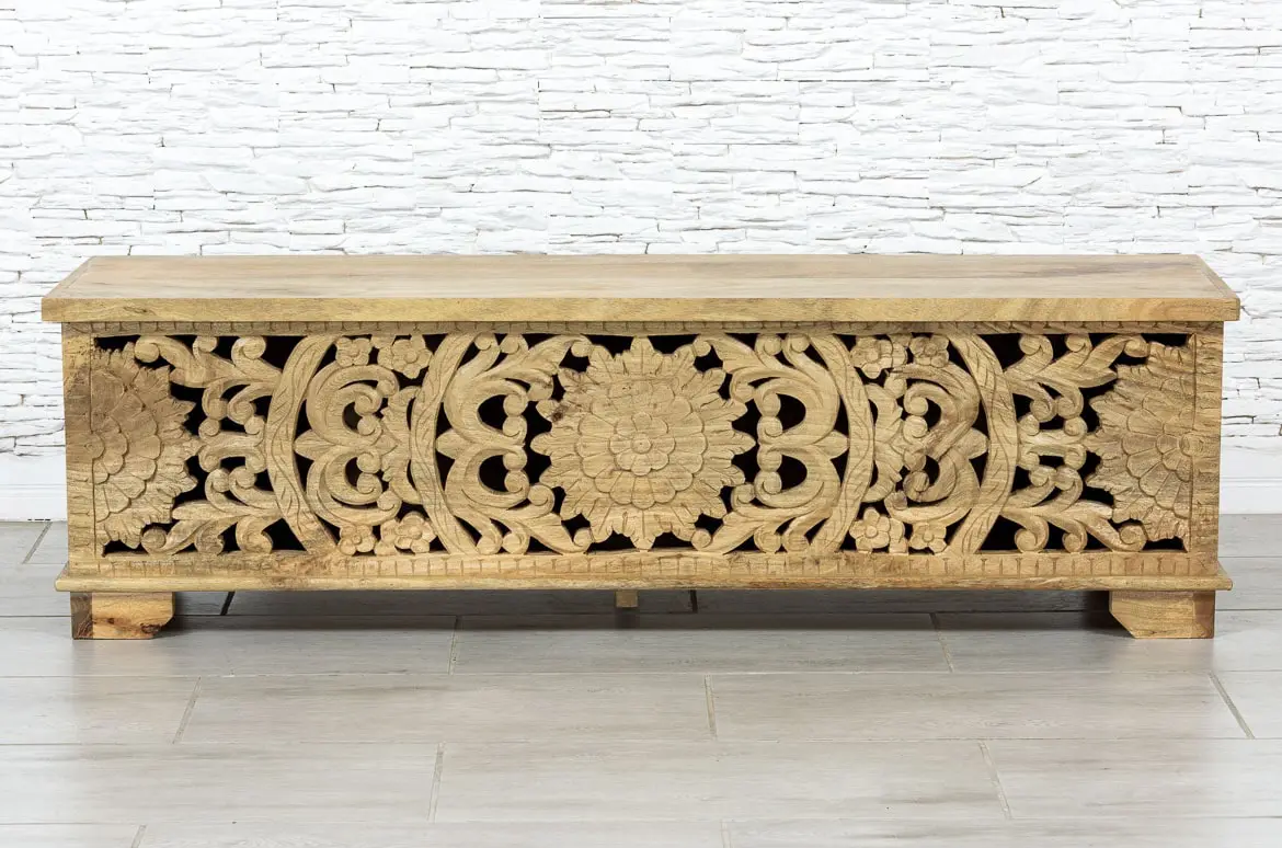 Indian Hand Floral Carved Solid Wooden Chest Blanket Box Storage Solid Natural 150×40×44cm