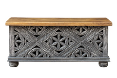 Indian Hand Floral Carved Solid Wooden Chest Blanket Box Storage Blackwash 100×45×45cm