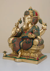 Indian Lord Ganesha Handmade Brass Statue With Inlay Work