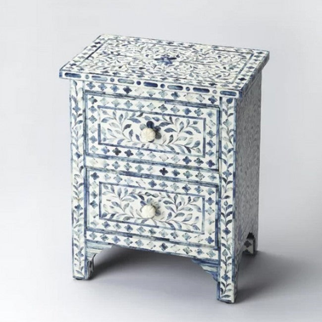 Maaya Bone Inlay Bedside Cabinet Table Blue Floral