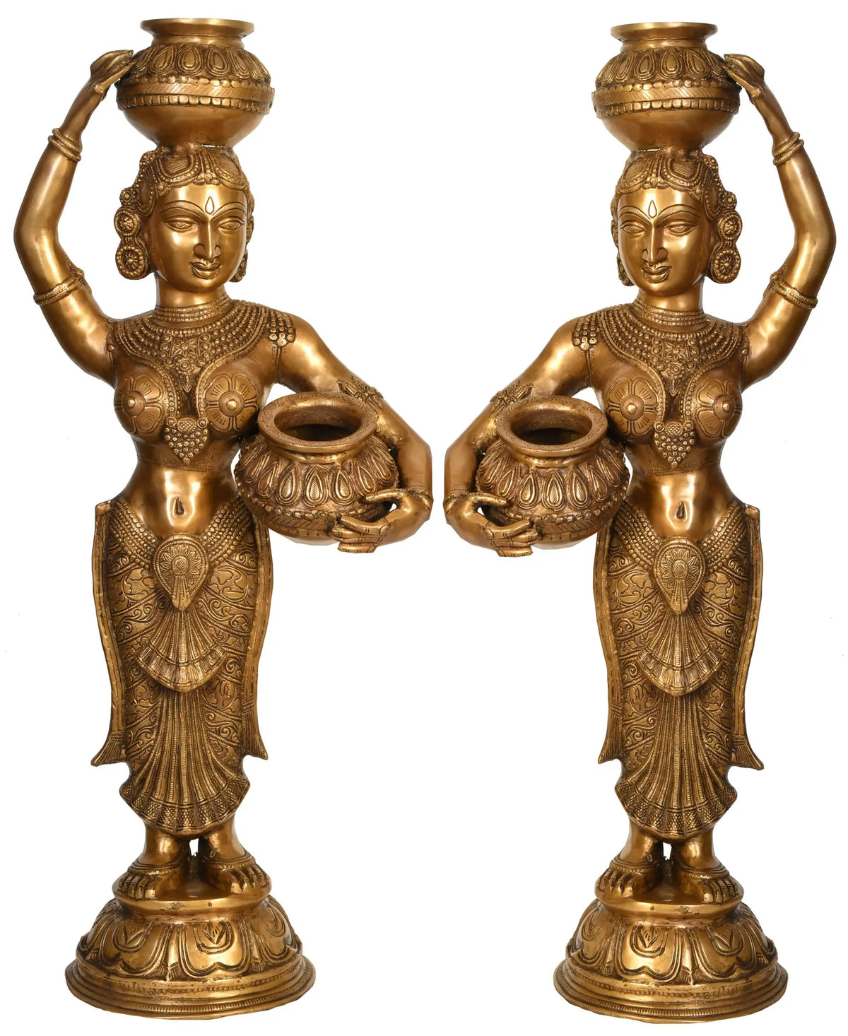 Indian Pair of Large Size Krishna's Gopis (Milk Maidens) In Brass Statue