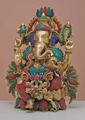 Indian Lord Ganesha Handmade Brass Statue With Inlay Work
