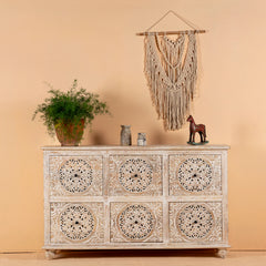 Indian Handmade Carved Solid Wood Chest of Drawers Sideboard Whitewash