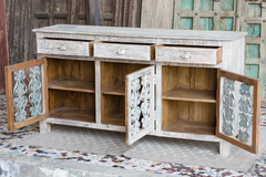 Antique Indian Industrial Hand Lava Solid Wooden Sideboard Whitewash 167x40x88cm A0342