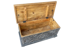 Indian Hand Floral Carved Solid Wooden Chest Blanket Box Storage Blackwash 100×45×45cm