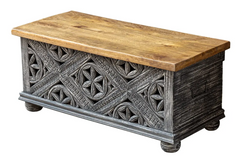 Indian Hand Floral Carved Solid Wooden Chest Blanket Box Storage Blackwash 100×45×45cm