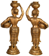 Indian Pair of Large Size Krishna's Gopis (Milk Maidens) In Brass Statue