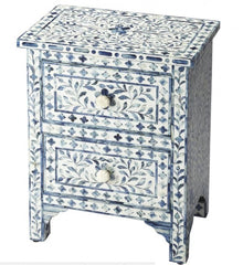 Maaya Bone Inlay Bedside Cabinet Table Blue Floral