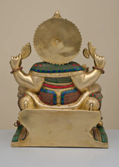 Indian Lord Ganesha Handmade Brass Statue With Inlay Work