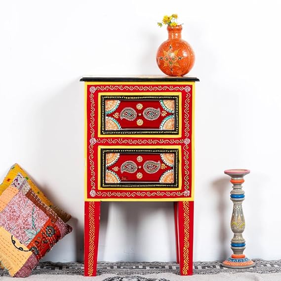 Pandora Hand Painted Indian Solid Wood Bedside Table Red