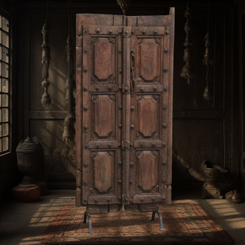 Antique Hand Carved Decorative Reclaimed Wood Door On Stand 12