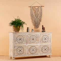 Indian Handmade Carved Solid Wood Chest of Drawers Sideboard Whitewash