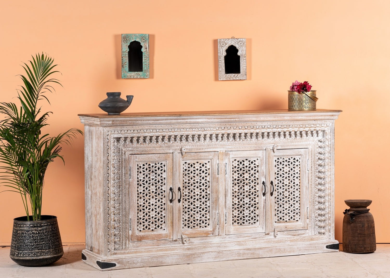 Kalah Jali Hand Carved Solid Wooden Sideboard Buffet 100x180x42cm KLA0150  -  