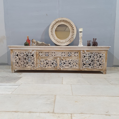 Jali Hand Carved Indian Solid Wood TV Unit doors with shelves 200x40x55cm