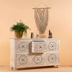 Indian Handmade Carved Solid Wood Chest of Drawers Sideboard Whitewash