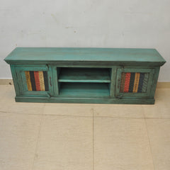 Rainbow Block Print Reclaimed boat wood Carved Panel Entertainment Unit TV Stand