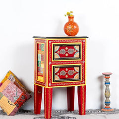 Pandora Hand Painted Indian Solid Wood Bedside Table Red