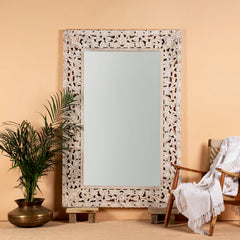 Carved Oasis Hand Carved Mango Wood Floral Carving Large Sized Mirror Frame Distressed White