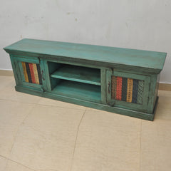 Rainbow Block Print Reclaimed boat wood Carved Panel Entertainment Unit TV Stand