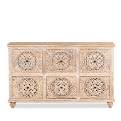 Indian Handmade Carved Solid Wood Chest of Drawers Sideboard Whitewash